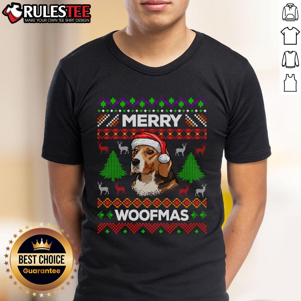 Cute Merry Woofmas Ugly Christmas Beagle Lover T Shirt Alt Text: Cute Merry Woofmas Ugly Christmas Beagle Lover T-Shirt featuring a playful beagle graphic and festive colors.