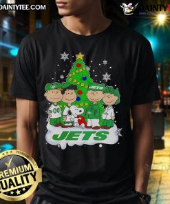 Cute Peanuts characters on a New York Jets Christmas Tree T-Shirt, perfect for holiday and sports fans.