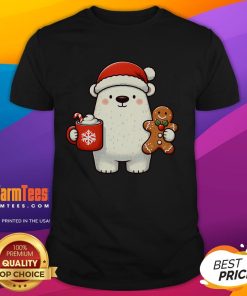 Alt Text: Cute polar bear wearing a Santa hat, surrounded by Christmas cookies and coffee on a festive holiday T-shirt design.