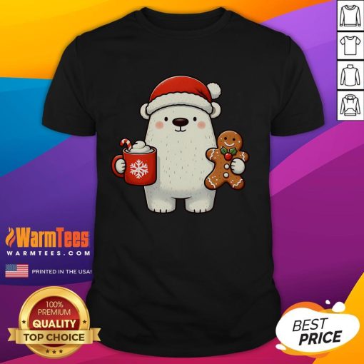 Alt Text: Cute polar bear wearing a Santa hat, surrounded by Christmas cookies and coffee on a festive holiday T-shirt design.