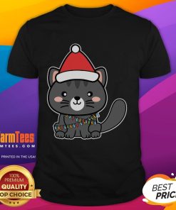 Cute Santa cat wearing Christmas lights t-shirt, perfect for holiday celebrations and festive pet lovers.