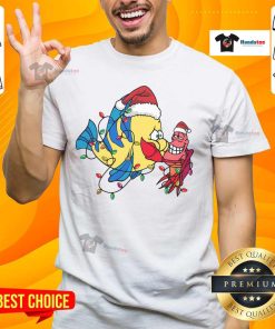 Alt Text: Cute Santa Flounder and Sebastian Christmas T-Shirt featuring vibrant colors and festive holiday designs.