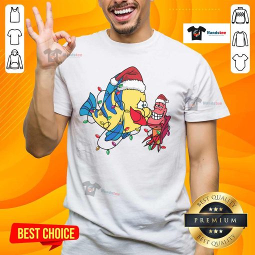 Alt Text: Cute Santa Flounder and Sebastian Christmas T-Shirt featuring vibrant colors and festive holiday designs.