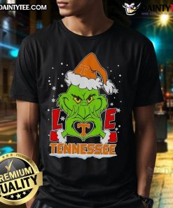 Alt Text: Cute Santa Grinch Love Tennessee Volunteers Christmas T-Shirt featuring festive design and holiday spirit.
