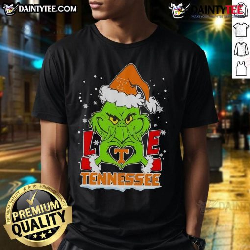 Alt Text: Cute Santa Grinch Love Tennessee Volunteers Christmas T-Shirt featuring festive design and holiday spirit.
