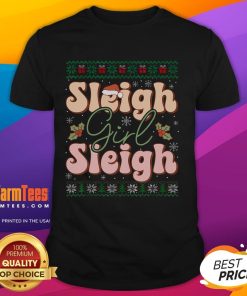 Cute girl wearing a festive 'Sleigh Christmas' T-shirt, surrounded by holiday decorations and snowflakes. Perfect for Christmas!