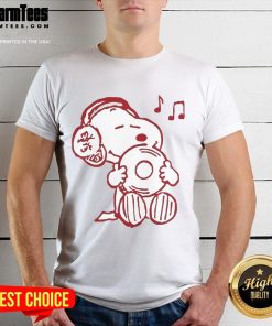 Adorable Snoopy Peanuts music lover T-shirt featuring Snoopy with musical notes, perfect for fans of the classic comic.