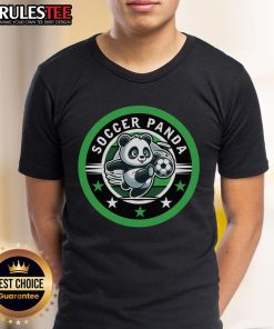 Adorable Cute Soccer Panda T-Shirt featuring a cartoon panda playing soccer, perfect for kids and panda lovers.