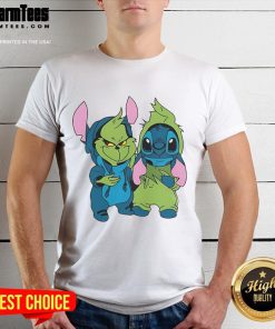 Alt Text: Cute Stitch Grinch Christmas mascot t-shirt featuring a whimsical design perfect for holiday celebrations.
