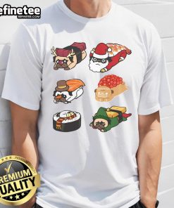 Cute Sushi Pug Christmas T-Shirt featuring an adorable pug wearing a sushi-themed Santa hat in festive colors.