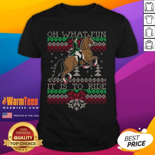 Cute Ugly Christmas Dressage Horse Riding T-Shirt featuring festive designs and a playful horse graphic.