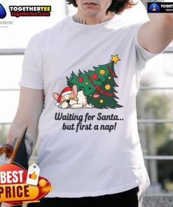 Alt Text: Cute dog t-shirt featuring a sleepy pup waiting for Santa, perfect for Christmas lovers and pet enthusiasts.
