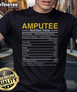 Funny amputee nutrition facts graphic on a T-shirt featuring a prosthetic leg design for humor and awareness.