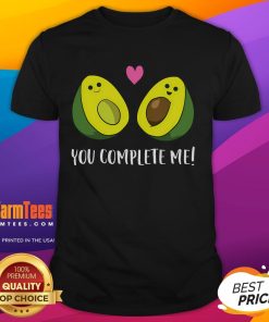 Funny avocado t-shirt design featuring cute avocados with 'You Complete Me' text, perfect for avocado lovers.
