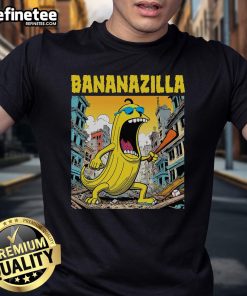 Funny Bananazilla banana baseball monster graphic t-shirt design featuring a playful banana character swinging a bat.