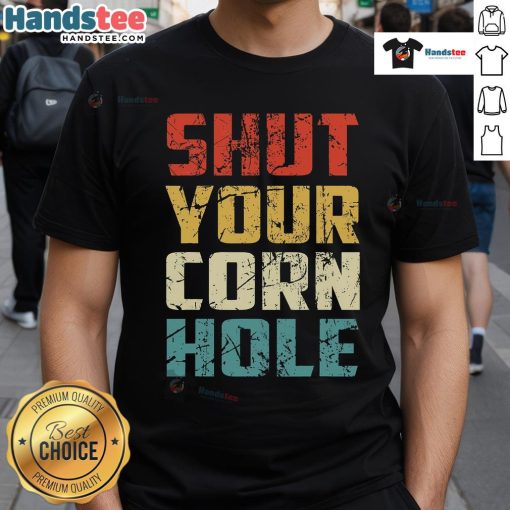 Funny Bean Bag Toss Cookout Retro T-Shirt featuring 'Shut Your Cornhole' design, perfect for summer BBQs and outdoor games.