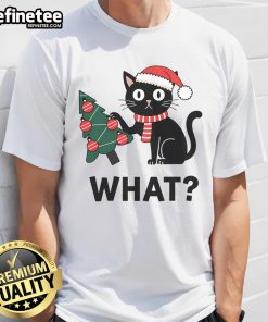 Funny black cat gift design with a cat pushing over a Christmas tree on a tee shirt, perfect for cat lovers.