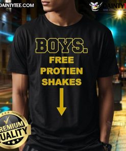 Funny boys wearing T-shirts promoting free protein shakes, showcasing a playful and humorous vibe in a vibrant setting.