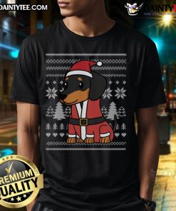 Funny cartoon dachshund dog Christmas T-shirt featuring a playful pup in a festive holiday design.