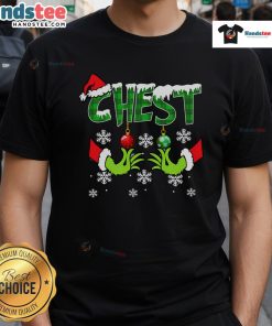 Couples wearing matching 'Funny Chest Nuts' Christmas T-shirts with chestnuts design in snowy festive setting.