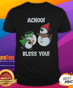 Funny Christmas Snowman Achoo Bless You T-Shirt featuring a cheerful snowman sneezing with festive designs.