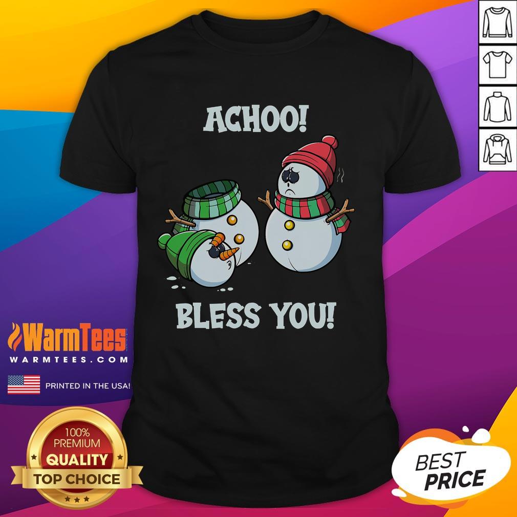 Funny Christmas Snowman Achoo Bless You T Shirt Funny Christmas Snowman Achoo Bless You T-Shirt featuring a cheerful snowman sneezing with festive designs.