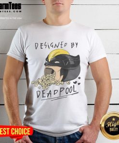 Funny Deadpool and Wolverine popcorn bucket T-shirt featuring vibrant graphics of iconic Marvel characters enjoying popcorn.
