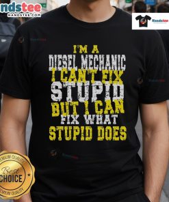 Funny Diesel Mechanic Quote 'Can't Fix Stupid' T-Shirt design featuring bold text and a playful mechanic theme.