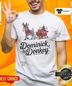 Funny Dominick The Donkey Christmas sleigh holiday T-shirt featuring a playful graphic of Dominick in a festive design.