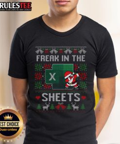Funny Excel Freak In The Sheets Spreadsheet Ugly Christmas T-Shirt featuring playful graphics and holiday-themed design.