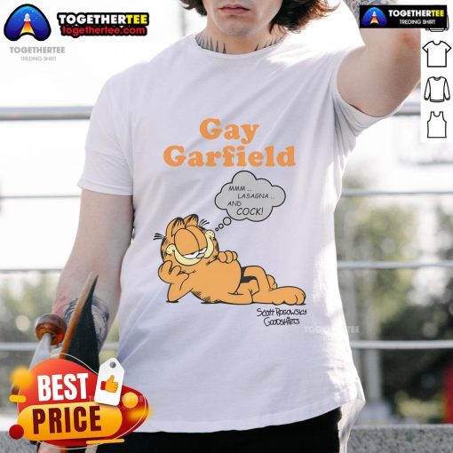 Funny Gay Garfield Cat T-Shirt featuring a whimsical cartoon design of Garfield with rainbow colors and playful text.