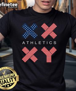 Funny Gender Genetic American Flag T-Shirt for Athletics featuring XX and XY symbols, perfect for sports enthusiasts.