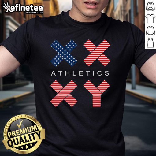 Funny Gender Genetic American Flag T-Shirt for Athletics featuring XX and XY symbols, perfect for sports enthusiasts.