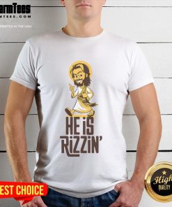 Funny 'He Is Rizzin' Christian Jesus Christ Rizz Risen Easter T-Shirt design featuring playful graphics and vibrant colors.