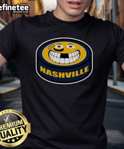 Alt Text: Funny Hockey Nashville TN T-shirt featuring a puck with a smiley face, perfect for adult fans of the sport.
