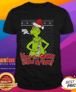Funny How The Grinch Stole My Vape Ugly Christmas T-Shirt featuring a whimsical Grinch design and festive colors.