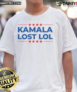 Funny Kamala Lost LOL T-shirt featuring humorous anti-Kamala design for presidential campaign critiques.