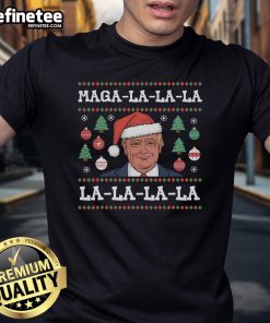 Funny Donald Trump Potus 47 Ugly Christmas T-Shirt featuring a humorous design with 'La La La' text for festive cheer.