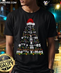Funny math equation graphic on a Merry Xmas season teacher Christmas tree t-shirt for festive classroom fun.