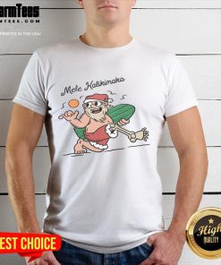 Alt Text: Funny Mele Kalikimaka Santa surfing on a wave, wearing sunglasses, perfect for festive beachwear T-shirt.