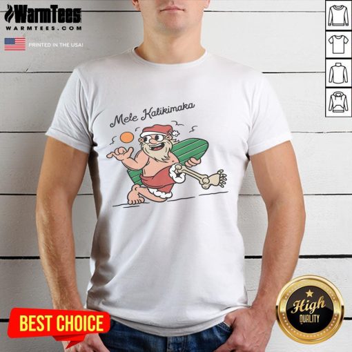Alt Text: Funny Mele Kalikimaka Santa surfing on a wave, wearing sunglasses, perfect for festive beachwear T-shirt.