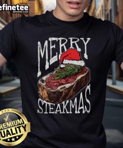 Funny Merry Steakmas T-Shirt featuring a humorous steak graphic, perfect for festive meat lovers and holiday celebrations.