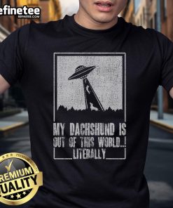 Funny parody t-shirt featuring a dachshund dog and UFO abduction theme, perfect for dog lovers and humor enthusiasts.