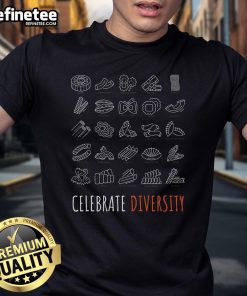 Funny Pasta Celebrate Diversity T-Shirt for pasta lovers featuring colorful pasta designs and playful text.