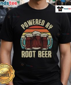 Funny retro vintage sunset T-shirt featuring 'Powered By Root Beer' soda drink graphic with playful typography.