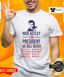 Alt Text: Funny Rick Astley For President T-Shirt featuring 'Never Gonna Give You Up' design, perfect for music lovers.