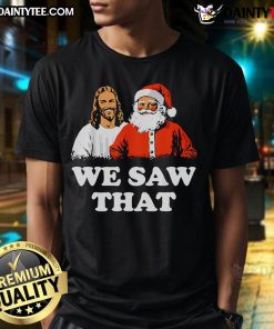Funny Santa and Jesus graphic on a Merry Christmas t-shirt, perfect for spreading holiday cheer and Christian humor.