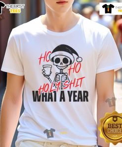 Funny Santa Skeleton T-Shirt with 'Ho Ho Holy Shit What A Year' design, perfect for humorous Christmas celebrations.