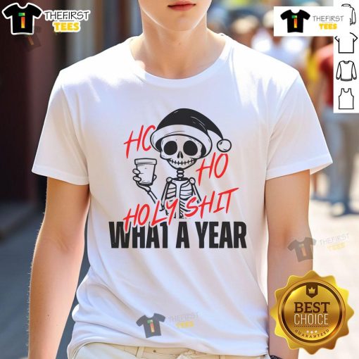 Funny Santa Skeleton T-Shirt with 'Ho Ho Holy Shit What A Year' design, perfect for humorous Christmas celebrations.