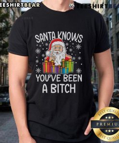 Funny Santa's Know You've Been A Bitch Christmas T-Shirt featuring a humorous Santa design for holiday festivities.